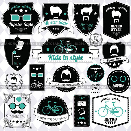 Collection of vintage hipster badges, labels and stamps, vector illustration. Стоковая иллюстрация, агентство Ingram Publishing / Фотобанк Лори