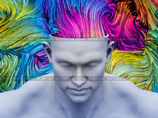 Color Thinking. 3D illustration of human head with color motion trails for subjects on art, psychology, creativity, imagination and dreams. Стоковое фото, агентство Ingram Publishing / Фотобанк Лори
