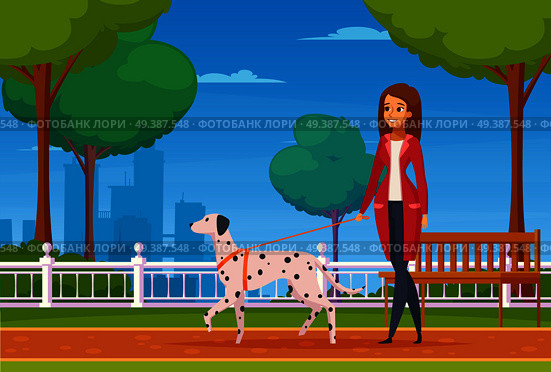 Colored cartoon background with young woman walking in city park with her dog of dalmatian breed vector illustration   . People With Pets Cartoon Background. Стоковая иллюстрация, агентство Ingram Publishing / Фотобанк Лори