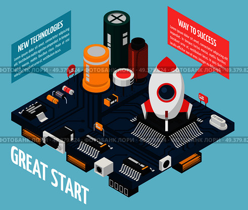 Colored semiconductor electronic components isometric rocket launch pad concept with great start way to success and new technologies descriptions vector illustration. Semiconductor Electronic Components Concept. Стоковая иллюстрация, агентство Ingram Publishing / Фотобанк Лори