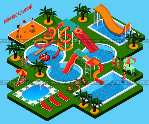 Colored water park aquapark isometric composition looks like a piece of island vector illustration. Water Park Aquapark Isometric Composition. Стоковая иллюстрация, агентство Ingram Publishing / Фотобанк Лори