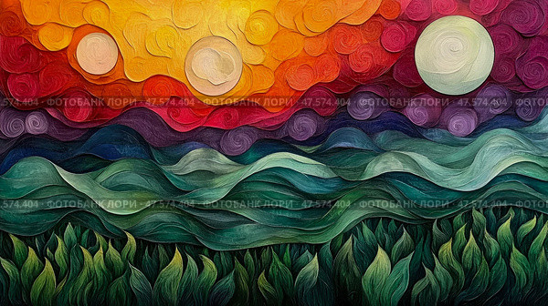 Colorful abstract artwork displaying a sunset with vibrant suns and swirling clouds above rolling green hills, creating a tranquil ambiance. Стоковое AI-изображение, AI-художник Данила Большаков / Фотобанк Лори