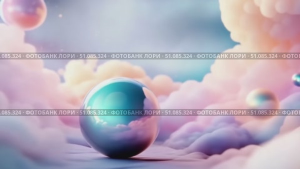 Colorful abstract scene with soft clouds and reflective spheres. The atmosphere is dreamy and ethereal, evoking a sense of tranquility and wonder. Стоковое AI-видео, аниматор Nart / Фотобанк Лори
