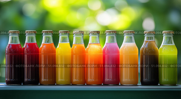 Colorful Array of Fresh Fruit Juices Displayed on a Wooden Table in a Vibrant Outdoor Setting. Стоковое AI-изображение, AI-художник Юлия Гапеенко / Фотобанк Лори