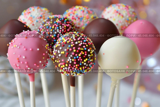Colorful cake pops covered in sprinkles standing upright. Стоковое AI-изображение, AI-художник Иван Рябоконь / Фотобанк Лори