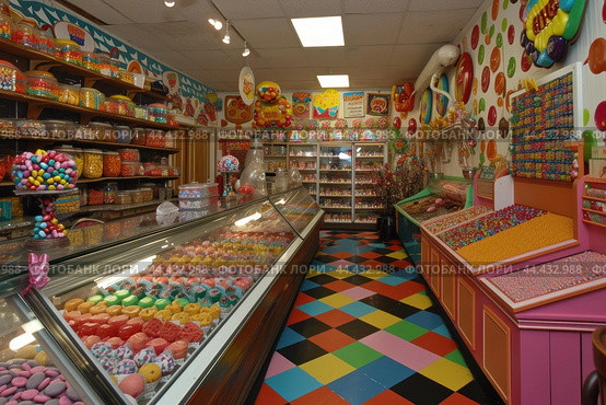 Colorful candy store interior with assorted sweets. Стоковое AI-изображение, AI-художник Иван Рябоконь / Фотобанк Лори