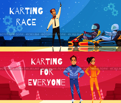 Colorful cartoon set of horizontal banners with kart racing winners isolated vector illustration. Karting Banners Set. Стоковая иллюстрация, агентство Ingram Publishing / Фотобанк Лори