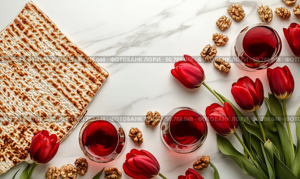 Colorful Celebration With Wine, Matzo, Tulips and Walnuts on a Festive Table Setting During Springtime. Стоковое AI-изображение, AI-художник Юлия Гапеенко / Фотобанк Лори