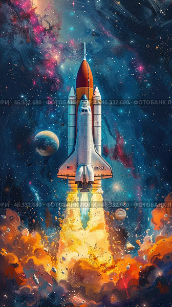 Colorful children drawing of universe, space rocket, Stars and planets. cosmic background, Cosmonautics Day concept. Стоковое AI-изображение, AI-художник Ирина Михайличенко / Фотобанк Лори