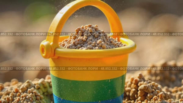 Colorful children toy bucket with sand stands in sandbox. AI Generative. Стоковое AI-видео, аниматор Spirit River / Фотобанк Лори