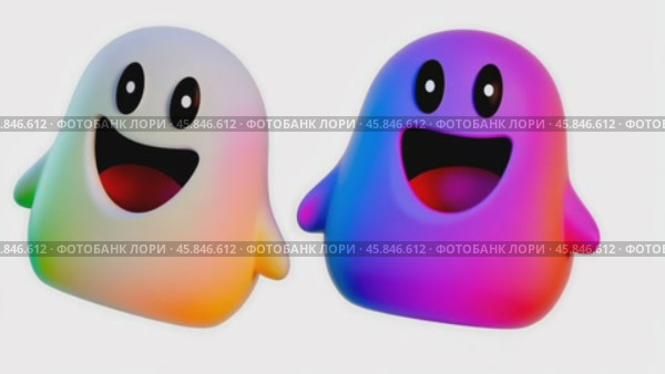 Colorful Cute Ghost Featuring Happy and Cheerful Faces Expression. Bright Playful Ghosts are Perfect for Creating Fun and Whimsical Design Concepts. Smiling Friendly Halloween Characters. 3d cartoon. Стоковое AI-видео, аниматор Марина Демидюк / Фотобанк Лори