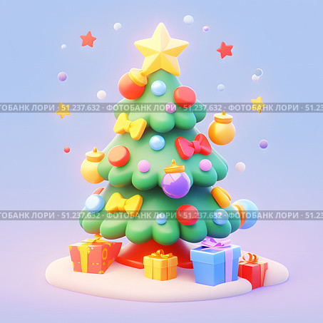 Colorful decorated Christmas tree with gifts on pastel background. Стоковое AI-изображение, AI-художник Александра Рублева / Фотобанк Лори