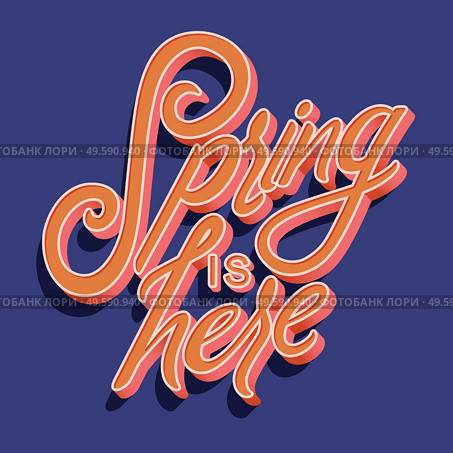 Colorful decorative handwritten typography design with spring is here text. Spring hand lettering illustration design. Colorful flat vector illustration. . Стоковая иллюстрация, агентство Ingram Publishing / Фотобанк Лори