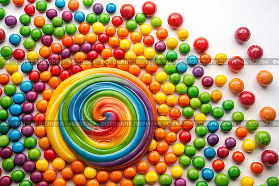 Colorful dragee candies in the assortment on a white background. Various sweets, confectionery and dragees of different shapes and colors. Bright rainbow hues. Стоковое AI-изображение, AI-художник Photojuli / Фотобанк Лори