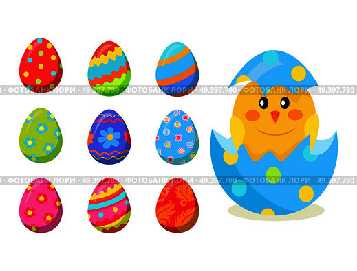 Colorful fluffy spring yellow newborn chick hatched from shell and collection of decorated eggs isolated on white background. Mascots of Easter celebration, symbols of new life vector illustration.. Newborn Chick Hatch from Shell and Eggs Set Vector. Стоковая иллюстрация, агентство Ingram Publishing / Фотобанк Лори