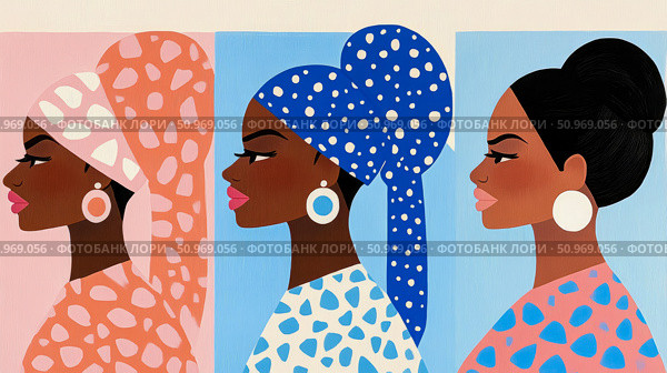 Colorful graphic illustration featuring a trio of stylish Black women with distinct headwraps and hairstyles, embodying cultural beauty and modern elegance. Стоковое AI-изображение, AI-художник Данила Большаков / Фотобанк Лори