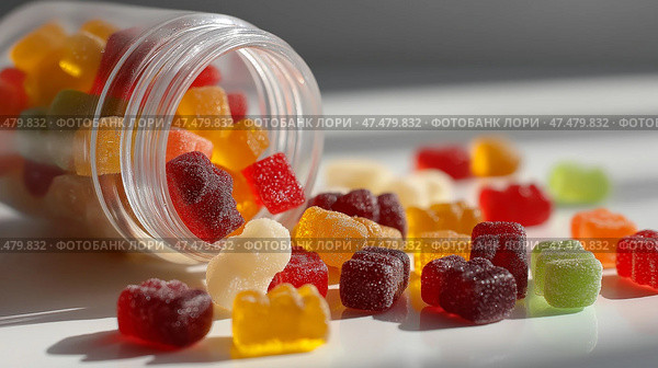 Colorful gummy candies spilled from a glass jar on a bright surface. Разноцветные жевательные конфеты высыпаются из стеклянной банки на яркую поверхность. Стоковое AI-изображение, AI-художник Katsiaryna Repich / Фотобанк Лори