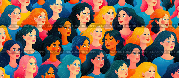 Colorful illustration of women of different races in the palette. Стоковое AI-изображение, AI-художник Ярославский Максим / Фотобанк Лори