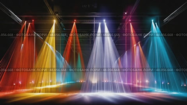 Colorful laser lights illuminate empty stage in eight variations. Стоковое AI-видео, аниматор Юрий Поздников / Фотобанк Лори