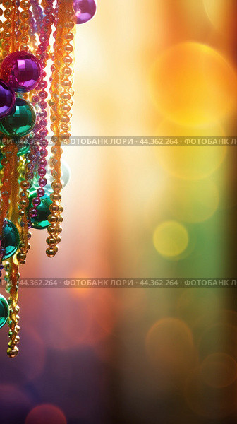Colorful Mardi Gras beads and bokeh lights festive background. Стоковое AI-изображение, AI-художник Анастасия Золотницкая / Фотобанк Лори