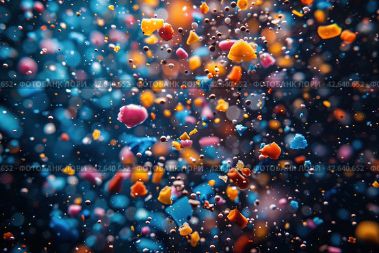 Colorful microplastic particles suspended in water, environmental pollution concept. Стоковое AI-изображение, AI-художник Евгений Харитонов / Фотобанк Лори