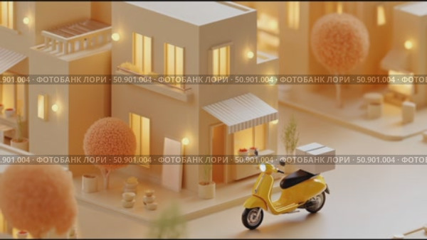 Colorful miniature city featuring a yellow scooter parked outside a charming shop during a warm evening. Стоковое AI-видео, аниматор Сергей Толмачёв / Фотобанк Лори