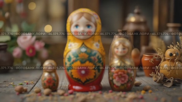 Colorful Nesting Dolls Showcase Traditional Craftsmanship in a Quaint Setting With Floral Accents. Стоковое AI-видео, аниматор Оксана Медведева / Фотобанк Лори