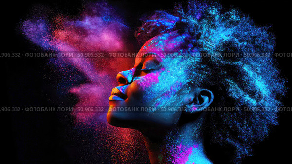 Colorful powder bursts highlight joyful expression of a young woman in artistic moment. Стоковое AI-изображение, AI-художник Александр Довянский / Фотобанк Лори