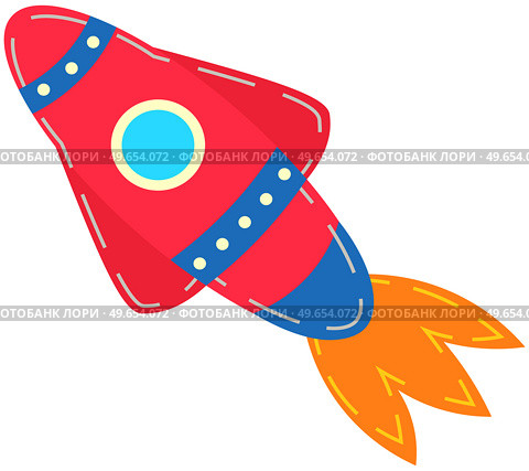Colorful rocket with round window and flame. Launch of toy space object for playing with baby. Toy for children in form of rocket. Spaceship flies and releases fire isolated on white background. Colorful rocket with round window and flame. Launch of toy space object for playing with baby. Стоковая иллюстрация, агентство Ingram Publishing / Фотобанк Лори