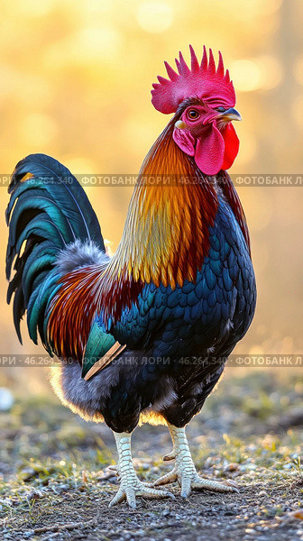 Colorful rooster standing in a field at sunrise. Стоковое AI-изображение, AI-художник Юрий Поздников / Фотобанк Лори
