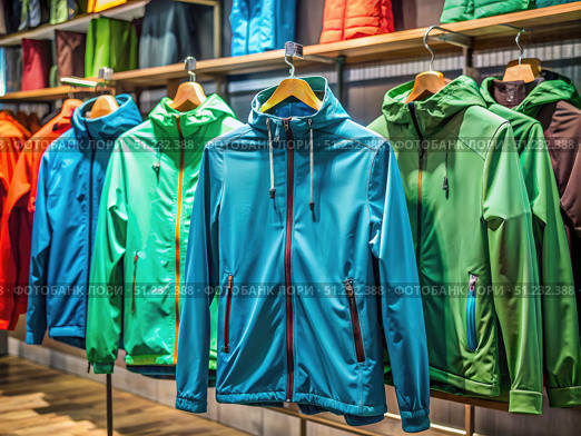 Colorful Softshell Windbreakers Hanging In A Clothing Store. Generative AI. Стоковое AI-изображение, AI-художник Roman Zavorotny / Фотобанк Лори