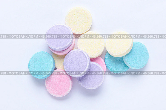 Colorful soluble tablets isolated on white background. Стоковое фото, фотограф Pixel_shot / Фотобанк Лори