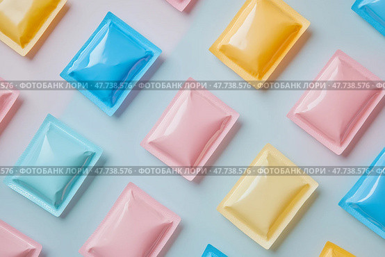 Colorful square packets arranged on a gradient background with soft lighting. Разноцветные квадратные пакеты на градиентном фоне с мягким освещением. Стоковое AI-изображение, AI-художник Katsiaryna Repich / Фотобанк Лори