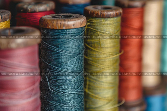 Colorful thread spools showing arts and crafts sewing concept. Стоковое AI-изображение, AI-художник Иван Рябоконь / Фотобанк Лори