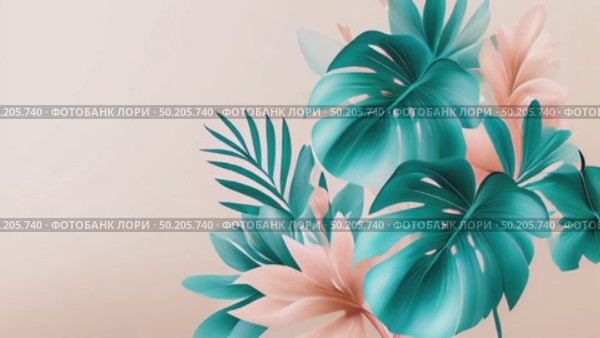 Colorful tropical leaves in various shapes and sizes, featuring shades of green, pink, and white, creating a vibrant and lively botanical illustration with a soft background. Стоковое AI-видео, аниматор Ирина Ручушкина / Фотобанк Лори