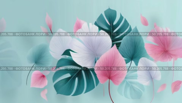 Colorful tropical leaves in various shapes and sizes, featuring shades of green, pink, and white, creating a vibrant and lively botanical illustration with a soft background. Стоковое AI-видео, аниматор Ирина Ручушкина / Фотобанк Лори