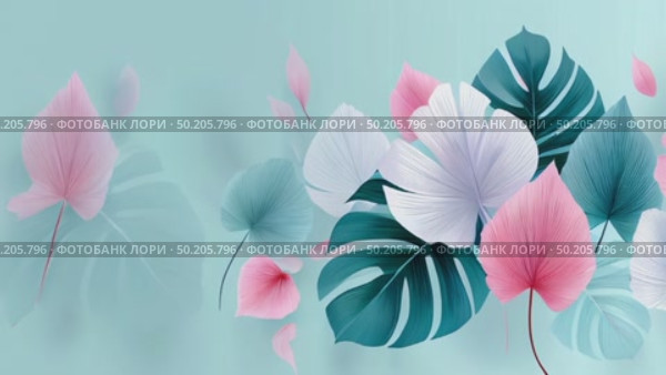 Colorful tropical leaves in various shapes and sizes, featuring shades of green, pink, and white, creating a vibrant and lively botanical illustration with a soft background. Стоковое AI-видео, аниматор Ирина Ручушкина / Фотобанк Лори