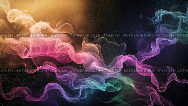 Colorful wisps of smoke create an abstract design in vibrant hues against a dark background. Стоковое AI-изображение, AI-художник Сергей Толмачёв / Фотобанк Лори