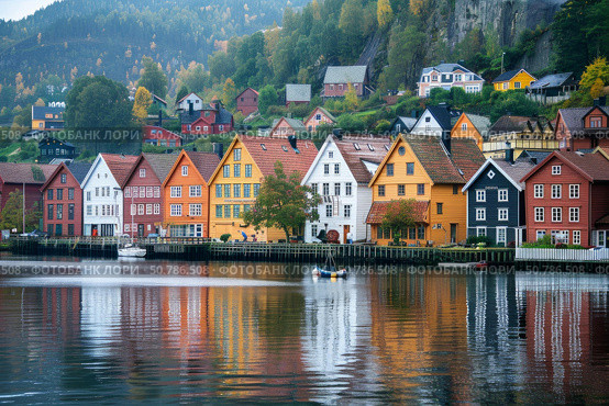 Colorful wooden houses reflecting on the water in bryggen, bergen, norway. Стоковое AI-изображение, AI-художник Иван Рябоконь / Фотобанк Лори
