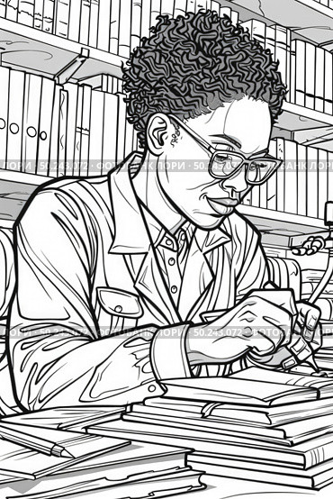 Coloring page of man is seated at a desk, surrounded by a large pile of books. He is engaged in reading and studying intently. Стоковое AI-изображение, AI-художник Данила Большаков / Фотобанк Лори