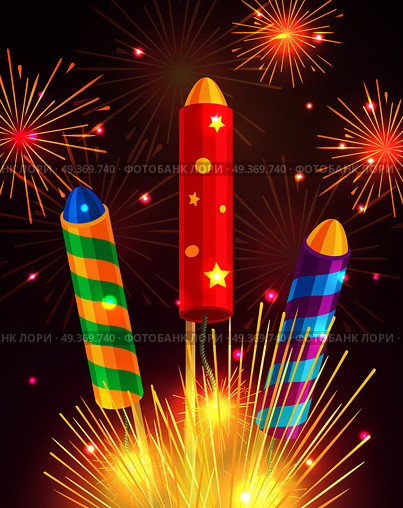 Colourful exploding rockets set on bright background. Salutes banners with bengal fires, petards explosions in cartoon style flat design. Collection of fireworks and New Year decoration attributes.. Colourful Exploding Rockets on Bright Background. Стоковая иллюстрация, агентство Ingram Publishing / Фотобанк Лори