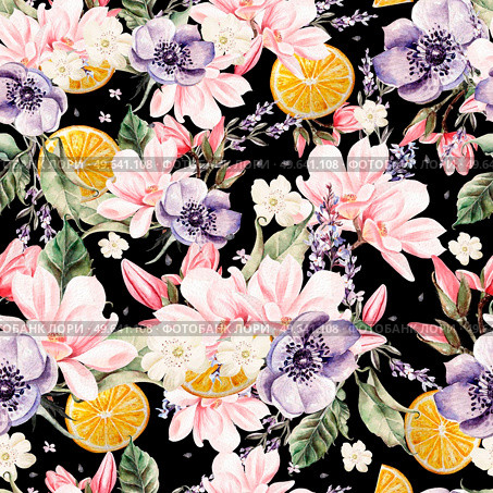 Colourful watercolor pattern with flowers of lavender, magnolia, anemones, and orange fruits. Illustrations.. Colourful watercolor pattern with flowers of lavender, magnolia, anemones, and orange fruits. . Стоковое фото, агентство Ingram Publishing / Фотобанк Лори