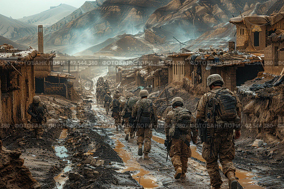 Combat soldiers of an elite counter-terrorism unit return to base after a raid.,    Generative AI. Стоковое AI-изображение, AI-художник Анна Кривицкая / Фотобанк Лори