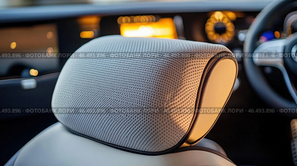 Comfortable perforated leather headrest in modern premium car interior. Стоковое AI-изображение, AI-художник Юрий Поздников / Фотобанк Лори