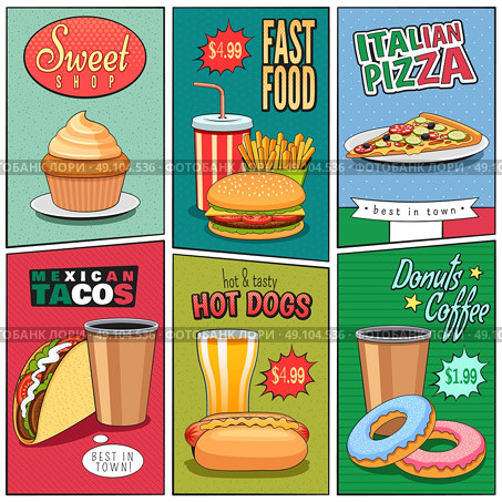 Comic Fast Food Mini Posters Collection . Fast food mini posters composition in comic panels retro style with colorful backgrounds advertisement abstract vector illustration . Стоковая иллюстрация, агентство Ingram Publishing / Фотобанк Лори