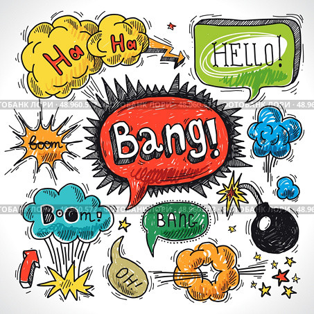 Comic speech bubble sketch design element symbol boom splash bomb vector illustration. Стоковая иллюстрация, агентство Ingram Publishing / Фотобанк Лори