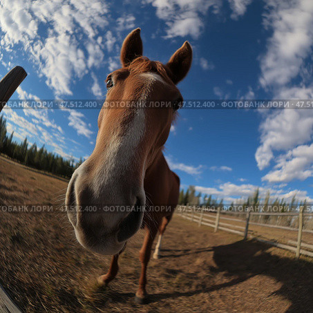 Comical wide-angle close-up of a curious brown horse in a paddock on a sunny day, taken with a fisheye lens under a vibrant blue sky with scattered clouds. Комичный широкоугольный крупный план любопытной коричневой лошади в загоне в солнечный день, снятый объективом «рыбий глаз» под ярким голубым небом с рассеянными облаками. Стоковое AI-изображение, AI-художник Katsiaryna Repich / Фотобанк Лори