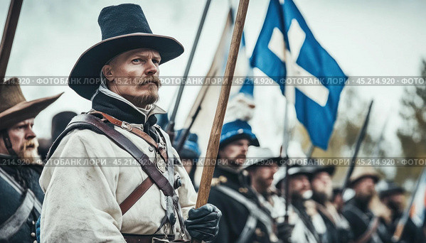 Commanding officer standing with troops holding finnish flag in background. Стоковое AI-изображение, AI-художник Юрий Поздников / Фотобанк Лори