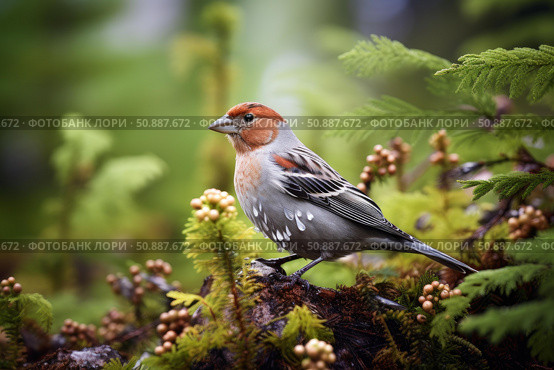 Common rosefinch perched on mossy branch observing lush green forest. Стоковое AI-изображение, AI-художник Иван Рябоконь / Фотобанк Лори