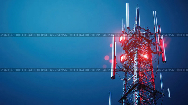 Communication tower stands tall against a darkening sky illuminated by red lights. Стоковое AI-изображение, AI-художник Александр Довянский / Фотобанк Лори